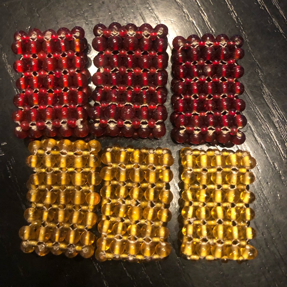 Vintage Pottery Barn napkin ring holders. Maroon and gold. Set of 6